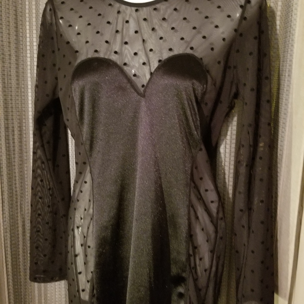 Seven til Midnight, black long sleeved shiny and lacy chemise medium size